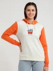Zink London Women Off White & Orange Graphic Printed Hooded Sweatshirt