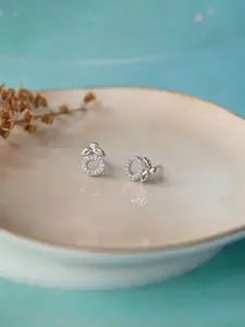 MANNASH Silver Toned Rhodium Plated Floral Stud Earrings