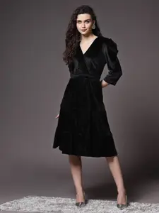 KASSUALLY Black Velvet Wrap Midi Dress