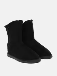Carlton London Women Black Winter Boots with Faux Fur Trim Detail