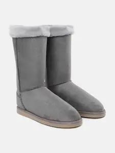 Carlton London Women Grey High-Top Flat Winter Boots with Faux Fur Trim Detail
