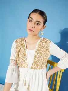 Miss Chase Off White & Gold-Toned Floral Embroidered Fit & Flare Midi Dress