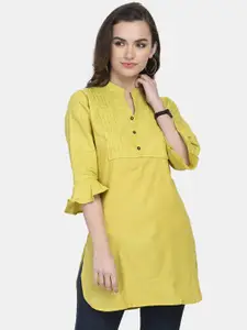 Aarsha Yellow Solid A-Line Pure Cotton Pleated Kurti