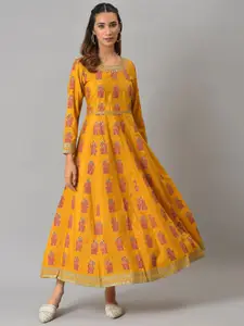 W Yellow Ethnic Motifs Printed Maxi Ethnic Dress