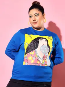 BEYOUND SIZE - THE DRY STATE Women Plus Size Blue Printed Fleece Sweatshirt