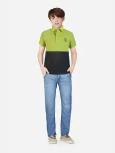 Gini and Jony Boys Green & Black Colourblocked Polo Collar Cotton T-shirt