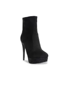 London Rag Women Black Embellished High Heeled Regular Ankle Boots