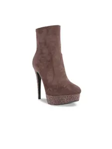London Rag Women Brown Embellished Heeled Regular Boots