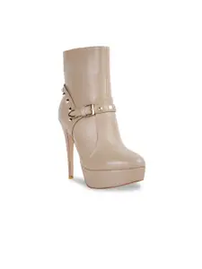 London Rag Women Beige Solid Studded Ankle Boots