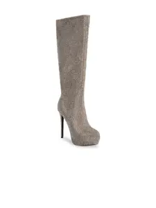 London Rag Women Brown Taupe Embellished Stiletto Calf Regular Boots