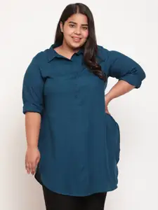 Amydus Women Plus Size Teal Blue Longline Casual Shirt