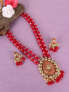 JEWELS GEHNA Women Red & Gold-Plated Kundan Studded Necklace and Earrings