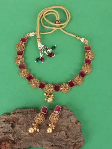 JEWELS GEHNA Women Pink & White Gold-Plated Stone-Studded Necklace and Earrings