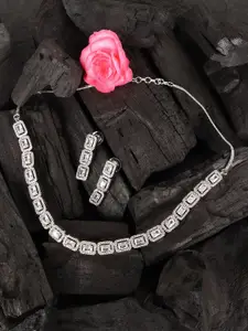 JEWELS GEHNA Women White & Silver-Plated AD Studded Necklace and Earrings