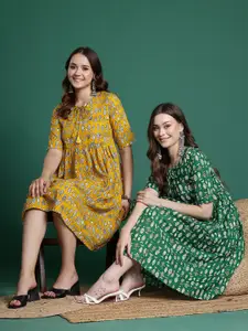 Sangria Tie-Up Neck Printed Ethnic A-Line Midi Dress