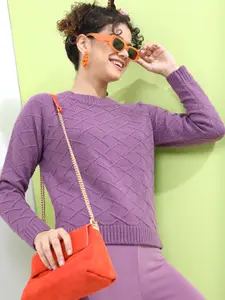 Tokyo Talkies Women Mauve Self Design Acrylic Pullover