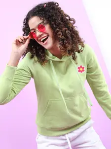 Tokyo Talkies Women Lime Green Printed Hooded Sweatshirt