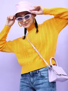 Tokyo Talkies Women Mustard Cable Knit Acrylic Pullover