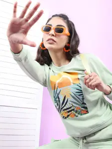 Tokyo Talkies Women Sea Green Printed Sweatshirt