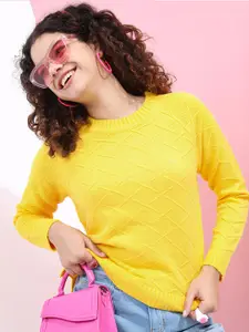 Tokyo Talkies Women Yellow Self Design Acrylic Sweater