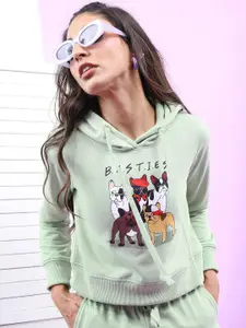 Tokyo Talkies Women Sea Green Printed Hooded Sweatshirt