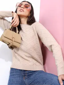 Tokyo Talkies Women Nude-Coloured Self Design Acrylic Pullover