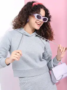 Tokyo Talkies Women Grey Hooded Sweatshirt