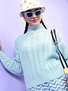 Tokyo Talkies Women Blue Cable Knit Acrylic Pullover Sweaters