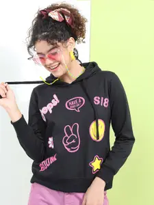 Tokyo Talkies Women Black Printed Hooded Sweatshirt