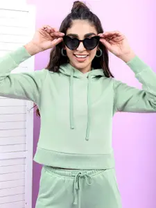 Tokyo Talkies Women Sea Green Hooded Sweatshirt