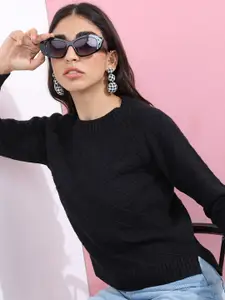 Tokyo Talkies Women Black Checked Checked Acrylic Pullover Sweaters