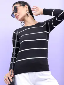 Tokyo Talkies Women Black & White Striped Acrylic Pullover Sweaters