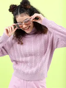 Tokyo Talkies Women Pink Cable Knit Crop Acrylic Pullover Sweaters