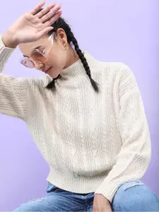 Tokyo Talkies Women Beige Cable Knit Crop Acrylic Sweaters