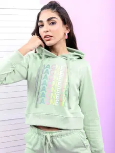 Tokyo Talkies Women Sea Green Printed Hooded Sweatshirt