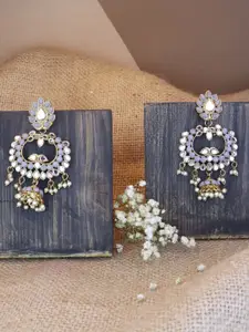I Jewels Grey & White Gold-Plated Kundan Contemporary Chandbalis Earrings