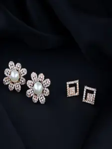 I Jewels Set Of 2 White & Rose Gold-Plated Floral & Square Studs Earrings