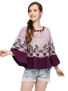 MESMORA FASHION Women Purple & Pink Floral Cotton Poncho with Embroidered Detail