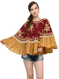 MESMORA FASHION Women Maroon & Yellow Cotton Poncho