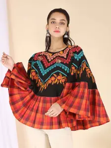 MESMORA FASHION Women Black & Orange Floral Cotton Poncho