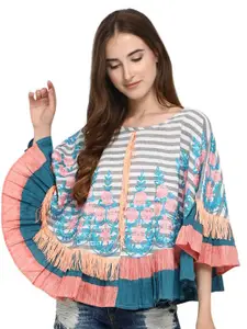 MESMORA FASHION Women White & Grey Floral Cotton Poncho