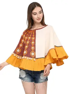 MESMORA FASHION Women White & Red Embroidered Cotton Poncho