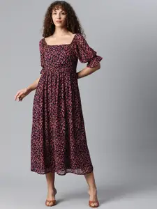 plusS Women Black & Orange Animal Print Bell Sleeves Midi Dress