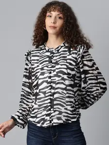 plusS Women Black Semi Sheer Printed Puff Sleeves Casual Shirt with Ruffles Detail