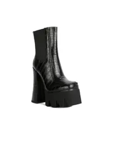 London Rag Women Black Textured Block Heel Chelsea Boots