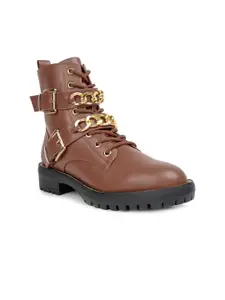 London Rag Women Tan Metal Chain Detail Biker Boots