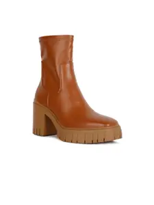 London Rag Women Tan Solid Casual Ankle Block-Heeled Boots