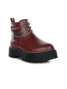 London Rag Women Burgundy Chunky Metal Chain Chelsea Boots