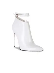 London Rag Women White Solid Leather Party Regular Pointed Toe High Heeled Boots