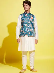 VASTRAMAY Boys Cream-Coloured Kurta & Pyjamas with Printed Nehru Jacket